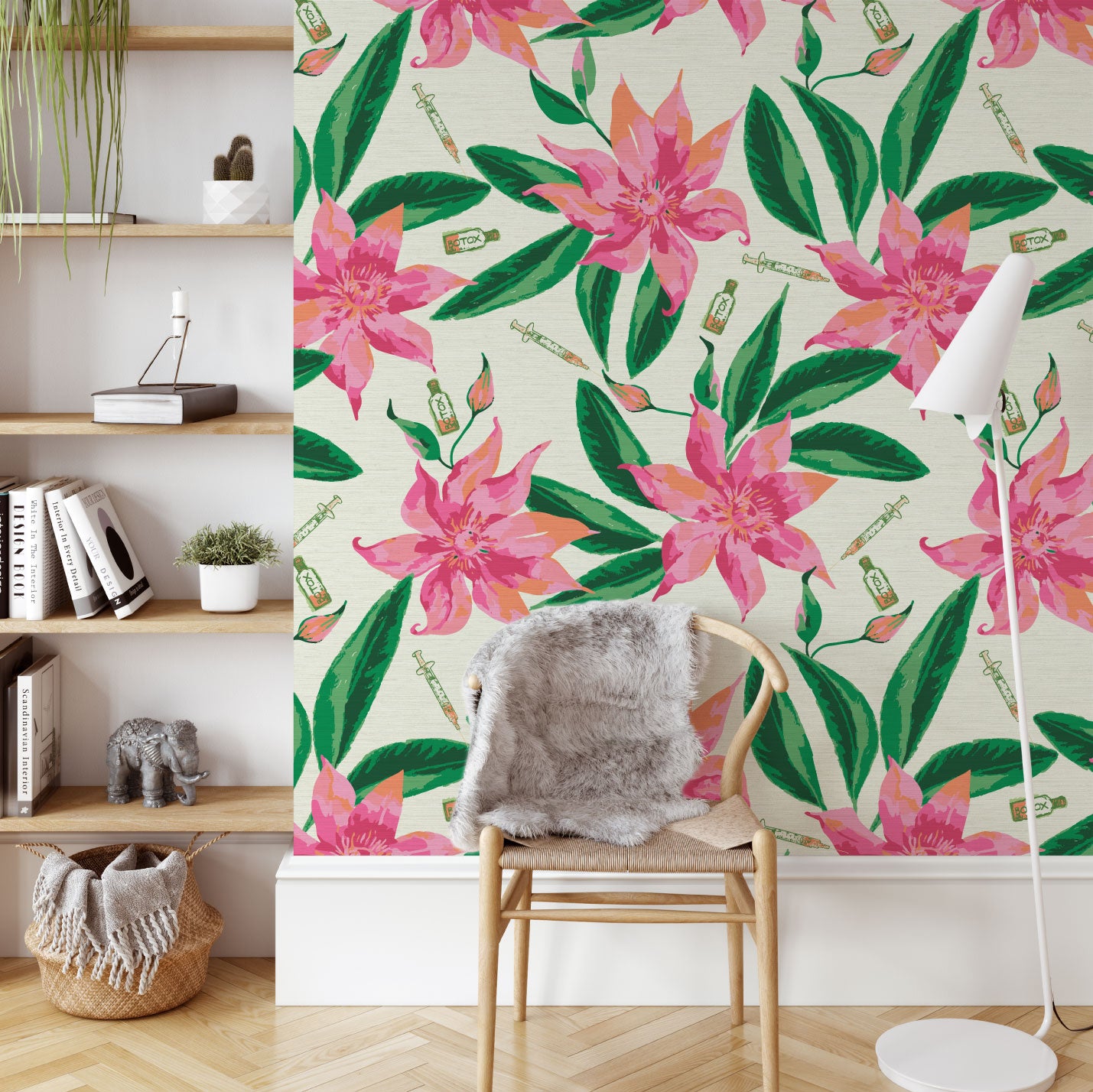 Load image into Gallery viewer, white based grasscloth printed wallpaper with oversized pink flowers and big green leafs with botox bottles and botox syringes scattered throughout the print.
