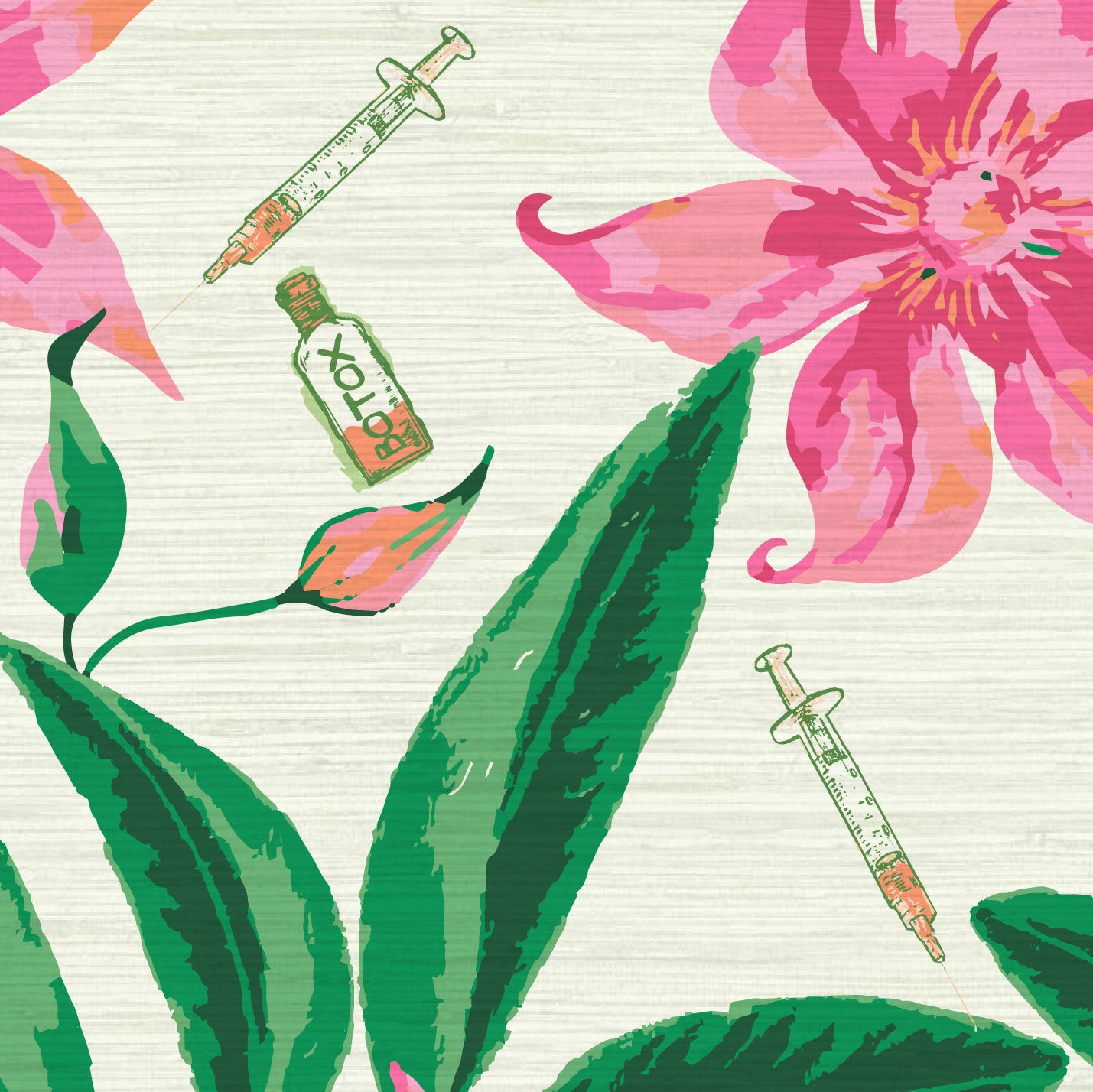 white based grasscloth printed wallpaper with oversized pink flowers and big green leafs with botox bottles syringes  Natural Textured Eco-Friendly Non-toxic High-quality  Sustainable practices Sustainability Interior Design Wall covering Bold Wallpaper Custom Tailor-made Retro chic Tropical Salon  Beauty Hair Garden jungle medspa botanical garden