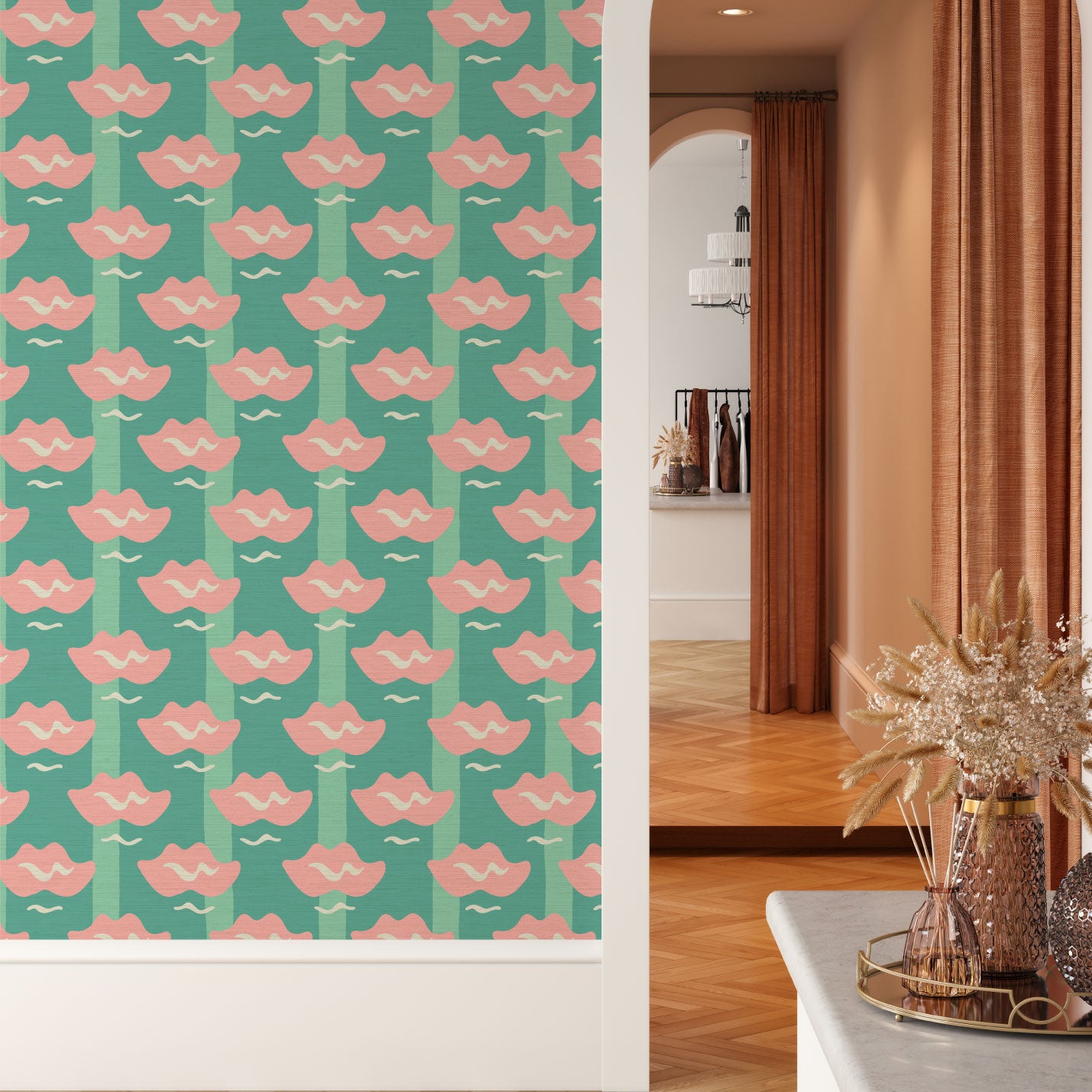 Grasscloth wallpaper Natural Textured Eco-Friendly Non-toxic High-quality  Sustainable Interior Design Bold Custom Tailor-made Retro chic Bold Salon Beauty lips Botox jungle bold stripe lips jungle tropical makeup pink green teal 