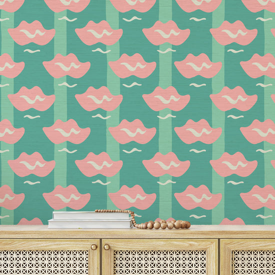 Load image into Gallery viewer, green teal with mint stripe printed grasscloth wallpaper with oversized pink lips arranged in a grid-like pattern.
