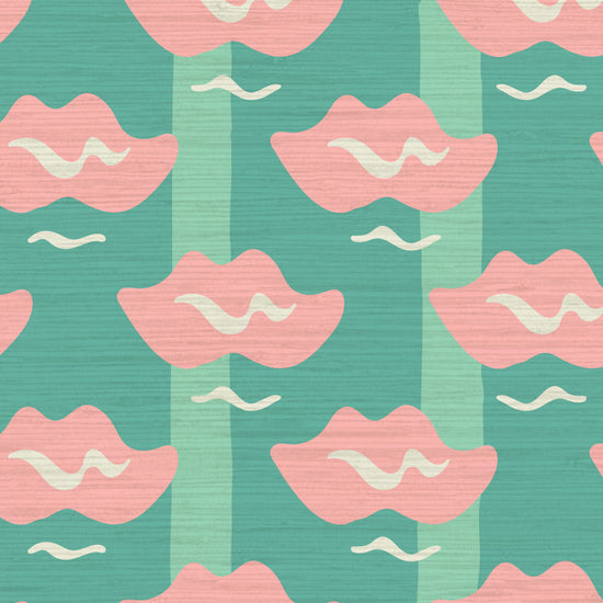 green teal with mint stripe printed grasscloth wallpaper with oversized pink lips arranged in a grid-like pattern.