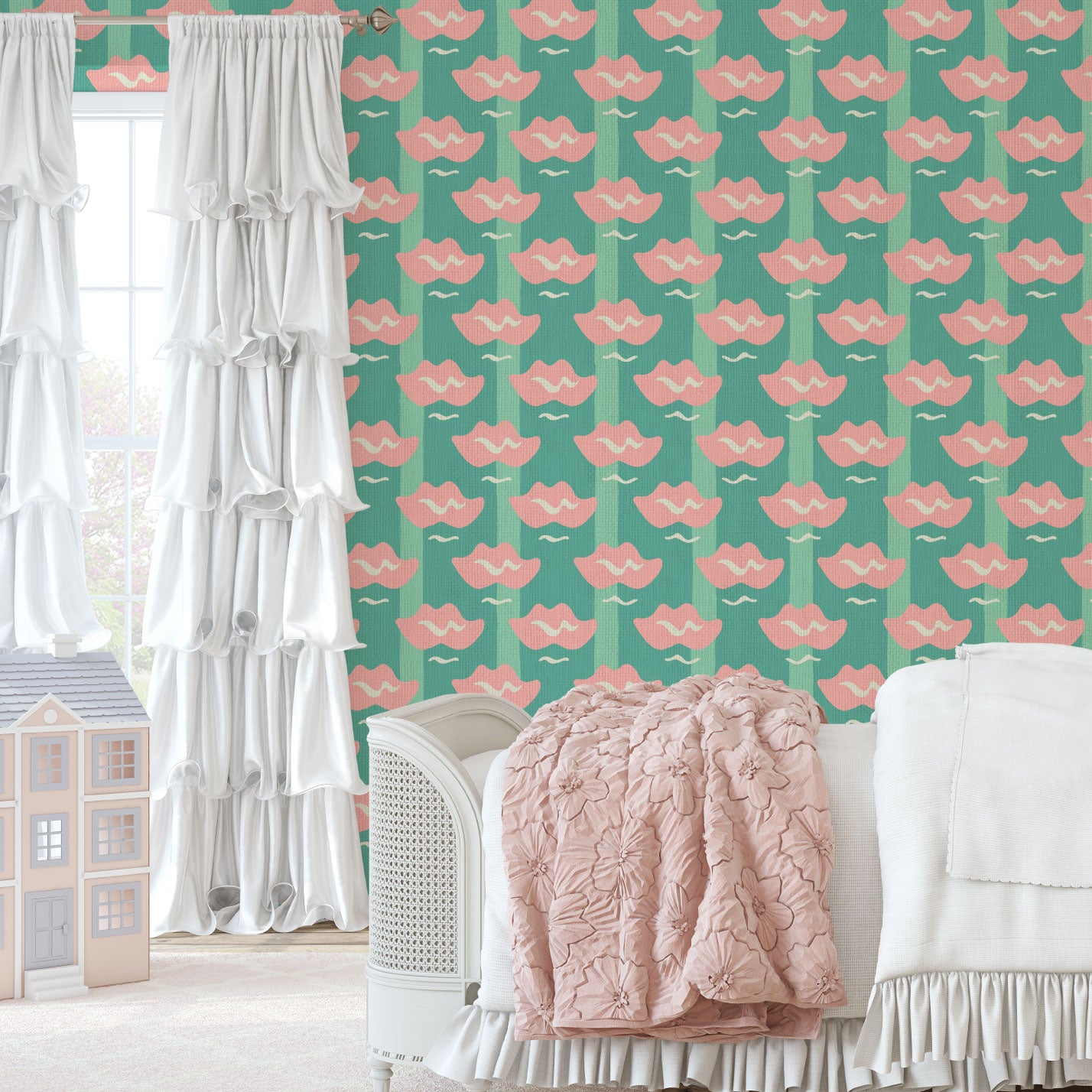 wallpaper Natural Textured Eco-Friendly Non-toxic High-quality  Sustainable Interior Design Bold Custom Tailor-made Retro chic Bold Salon Beauty lips Botox jungle bold stripe lips jungle tropical makeup pink green teal paper weave paperweave basketweave basket weave