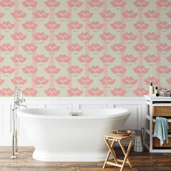 Load image into Gallery viewer, white with light pink stripe printed grasscloth wallpaper with oversized tonally darker pink lips arranged in a grid-like pattern.
