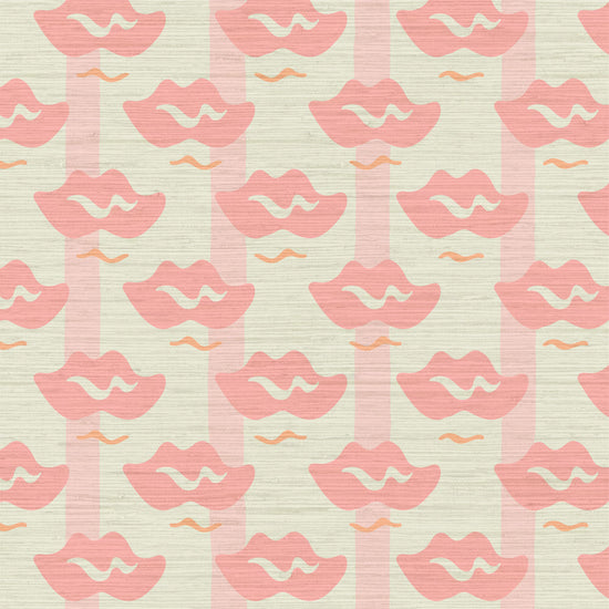white with light pink stripe printed grasscloth wallpaper with oversized tonally darker pink lips arranged in a grid-like pattern.