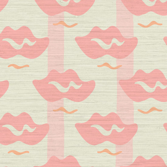 white with light pink stripe printed grasscloth wallpaper with oversized tonally darker pink lips arranged in a grid-like pattern.