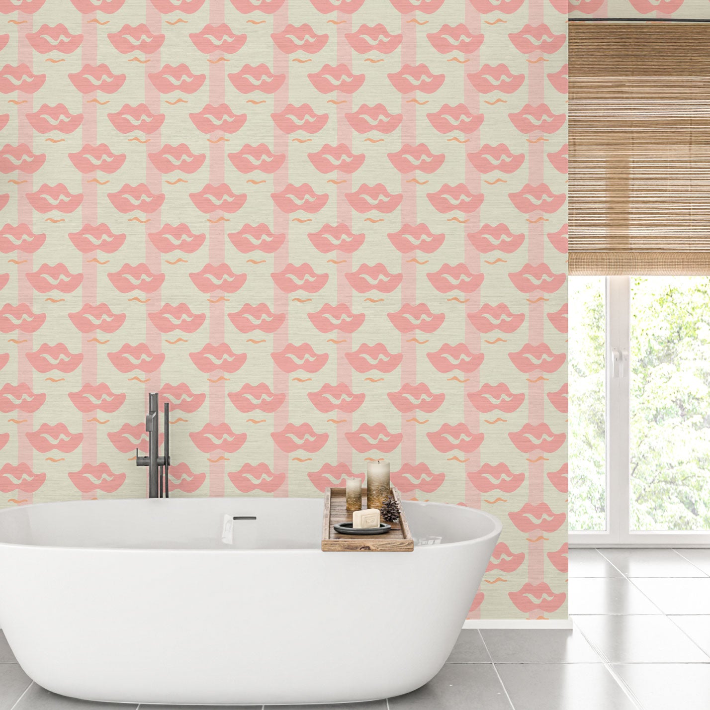 Grasscloth wallpaper Natural Textured Eco-Friendly Non-toxic High-quality Sustainable Interior Design Bold Custom Tailor-made Retro chic Bold Salon Beauty lips Botox jungle bold stripe lips jungle tropical makeup pink cream baby