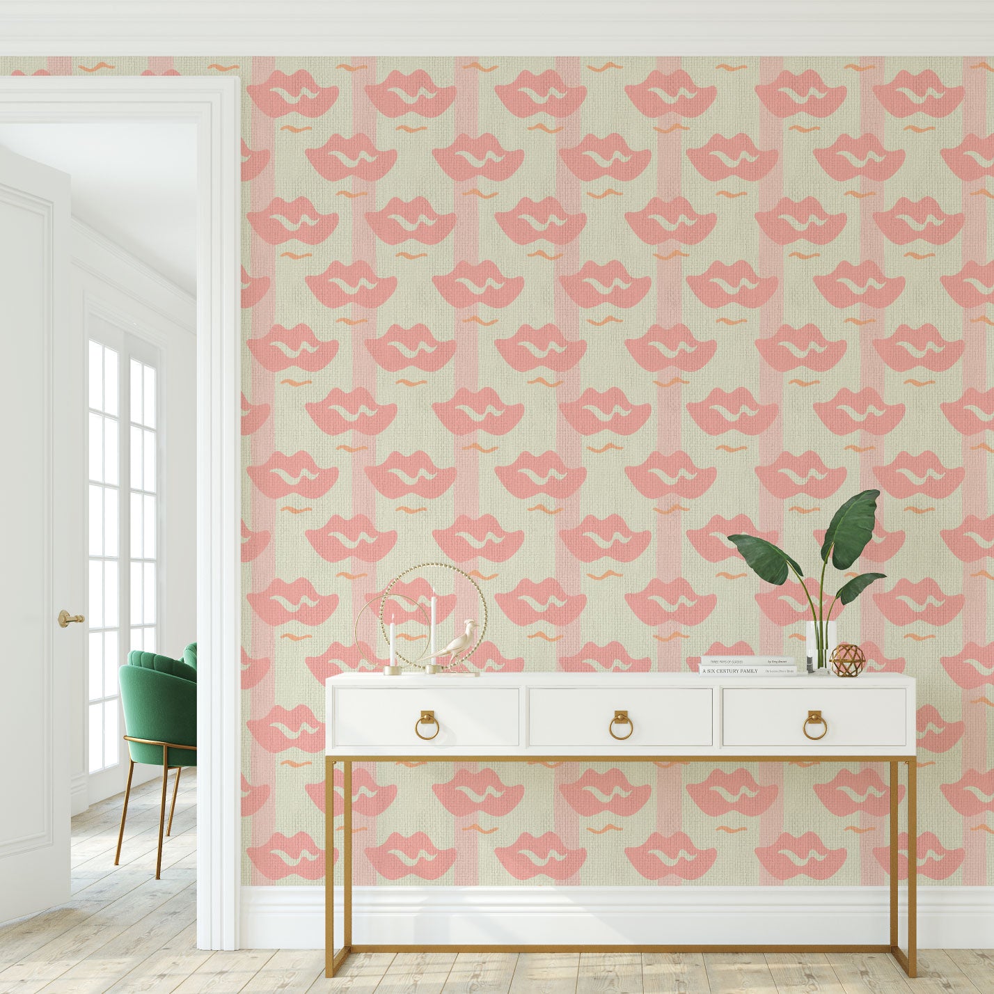 wallpaper Natural Textured Eco-Friendly Non-toxic High-quality Sustainable Interior Design Bold Custom Tailor-made Retro chic Bold Salon Beauty lips Botox jungle bold stripe lips jungle tropical makeup pink cream baby paper weave paperweave basketweave basket weave