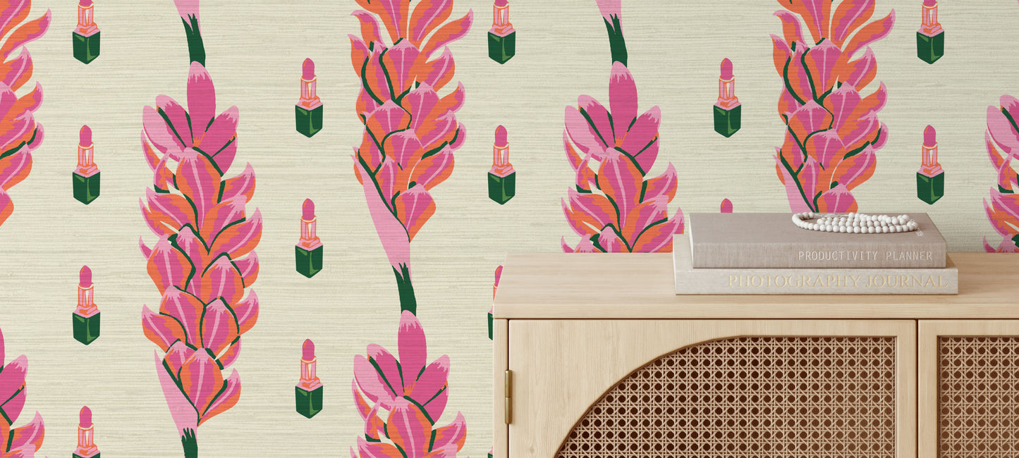 Grasscloth wallpaper Natural Textured Eco-Friendly Non-toxic High-quality  Sustainable Interior Design Bold Custom Tailor-made Retro chic Grandmillennial Maximalism  Traditional Dopamine decor stripes floral lipstick beauty bar makeup botox salon