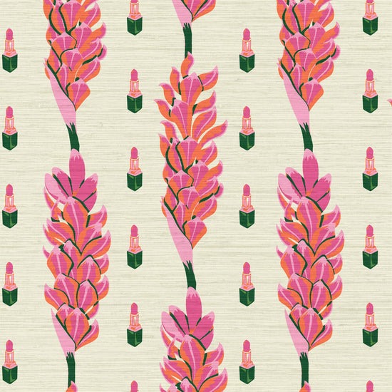 Grasscloth wallpaper Natural Textured Eco-Friendly Non-toxic High-quality  Sustainable Interior Design Bold Custom Tailor-made Retro chic Bold beauty bar salon vertical stripe botanical floral flowers lipstick makeup pink hot pain baby pink jungle tropical garden