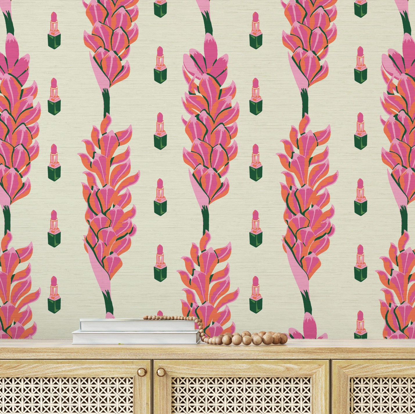 Grasscloth wallpaper Natural Textured Eco-Friendly Non-toxic High-quality  Sustainable Interior Design Bold Custom Tailor-made Retro chic Bold beauty bar salon vertical stripe botanical floral flowers lipstick makeup pink hot pain baby pink jungle tropical garden  bathroom