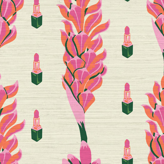cream based grasscloth wallpaper print with vertical stripe pink and orange floral stripes next to lines of pink lipstick tubes
