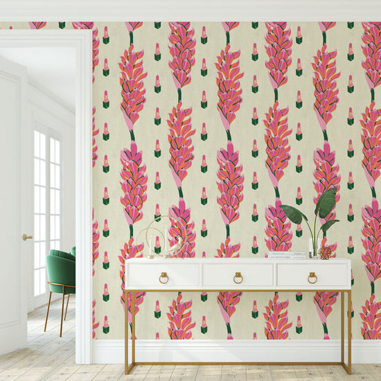 paper weave wallpaper Natural Textured Eco-Friendly Non-toxic High-quality Sustainable Interior Design Bold Custom Tailor-made Retro chic Bold beauty bar salon vertical stripe botanical floral flowers lipstick makeup pink hot pain baby pink jungle tropical garden vertical stripe