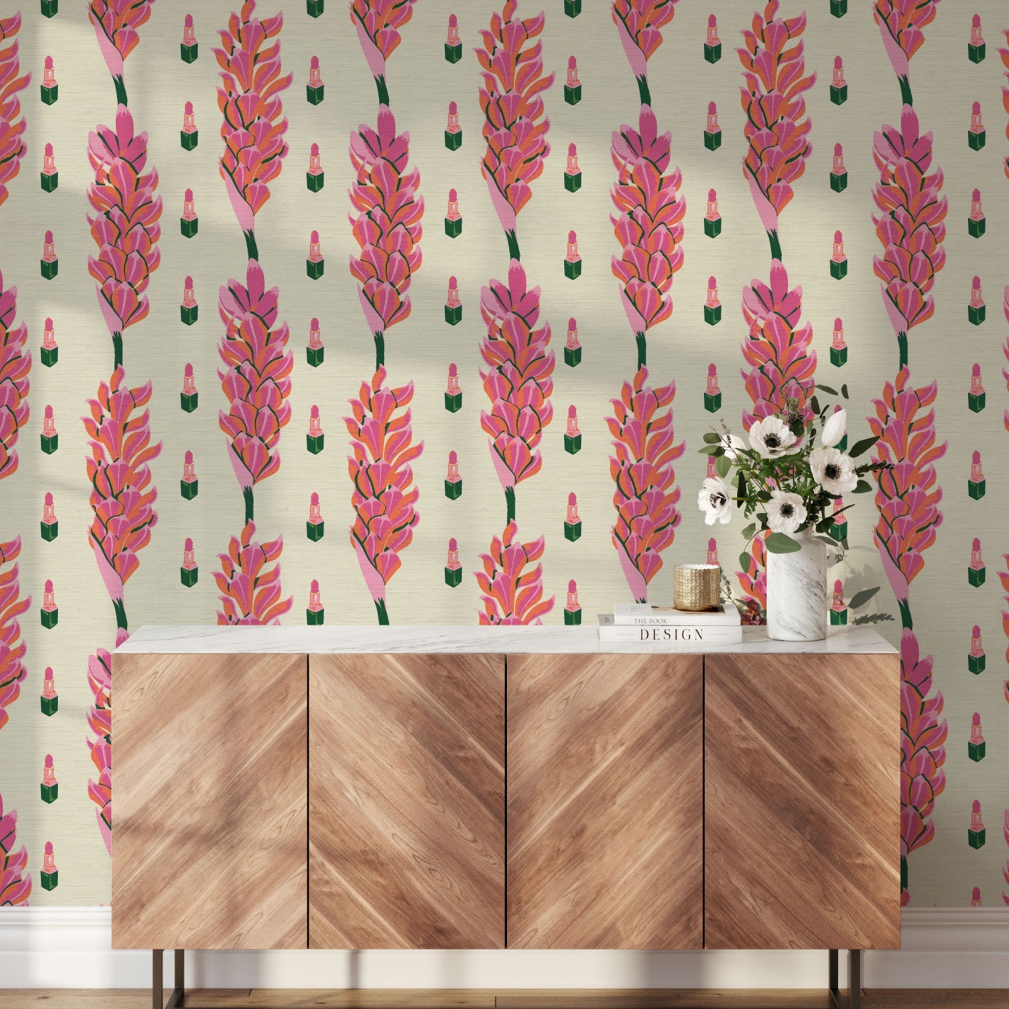 Grasscloth wallpaper Natural Textured Eco-Friendly Non-toxic High-quality  Sustainable Interior Design Bold Custom Tailor-made Retro chic Bold beauty bar salon vertical stripe botanical floral flowers lipstick makeup pink hot pain baby pink jungle tropical garden