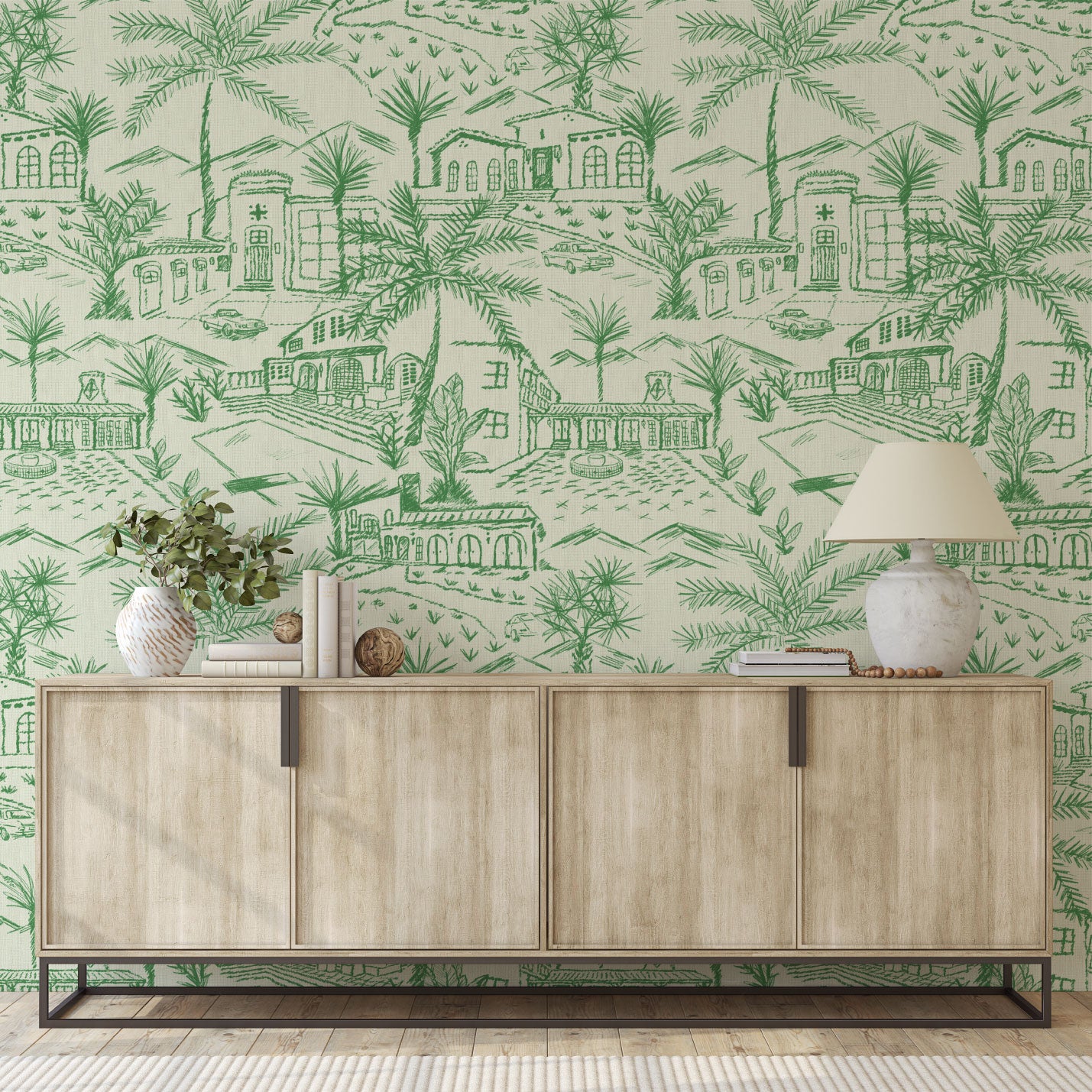 Paperweave paper weave printed modern toile design featuring a 2 color print with Spanish style houses, variety of palm trees and tropical and desert inspired plants, massive pools, vintage cars and fountains with mountains in the background entrance foyer
