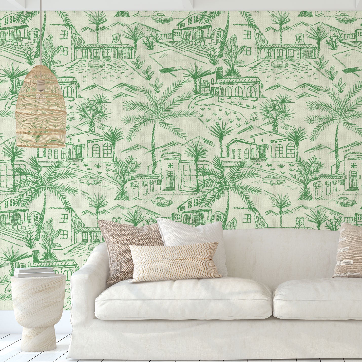 Paperweave paper weave printed modern toile design featuring a 2 color print with Spanish style houses, variety of palm trees and tropical and desert inspired plants, massive pools, vintage cars and fountains with mountains in the background living room