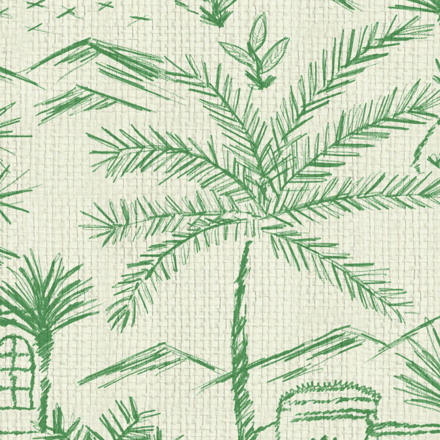Paperweave paper weave printed modern toile design featuring a 2 color print with Spanish style houses, variety of palm trees and tropical and desert inspired plants, massive pools, vintage cars and fountains with mountains in the background.