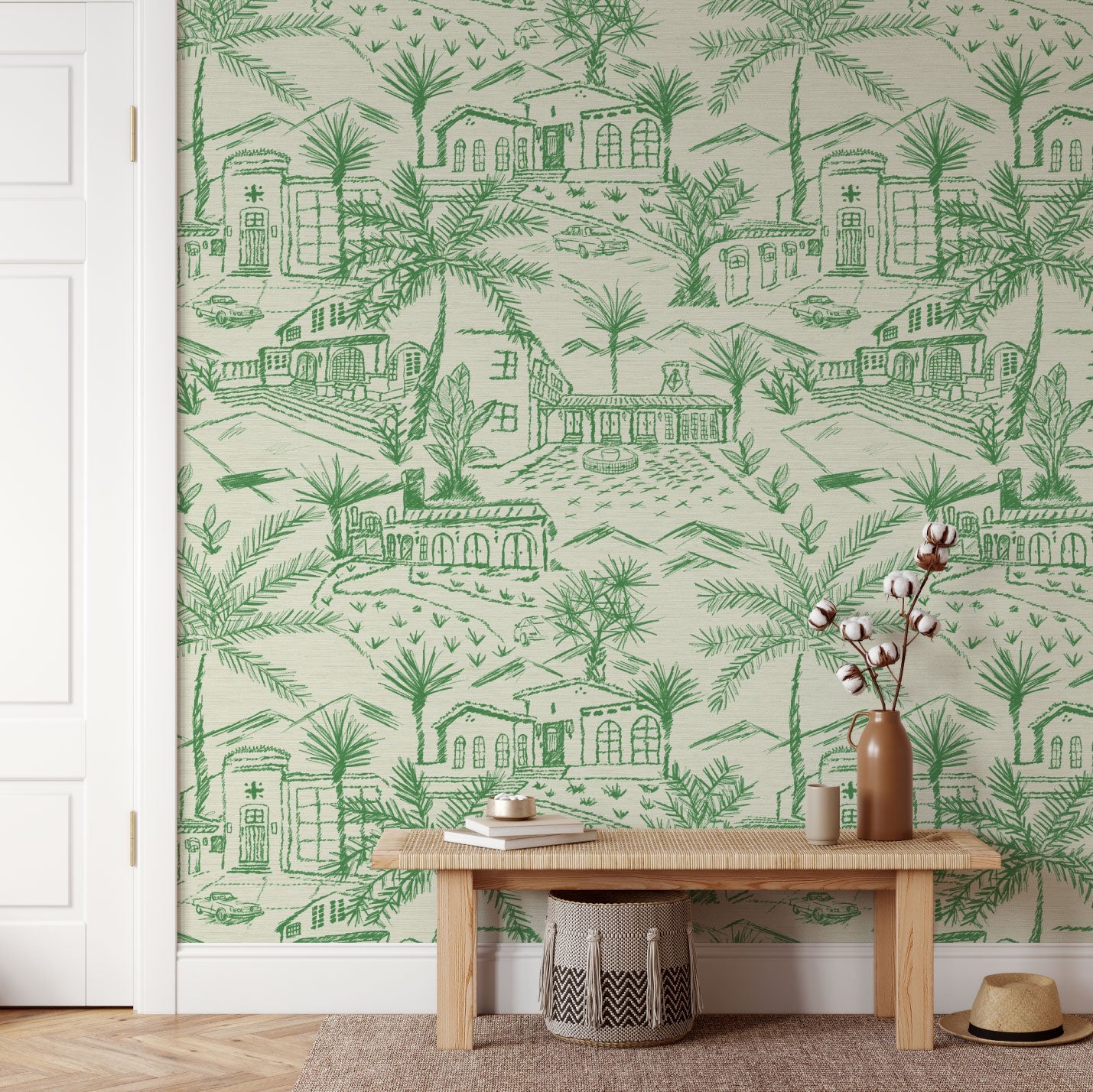 Grasscloth printed modern toile design featuring a 2 color print with Spanish style houses, variety of palm trees and tropical and desert inspired plants, massive pools, vintage cars and fountains with mountains in the background.