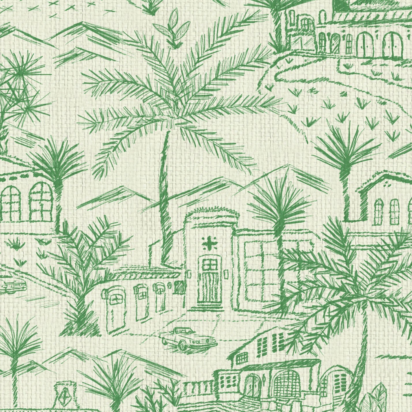 Paperweave paper weave printed modern toile design featuring a 2 color print with Spanish style houses, variety of palm trees and tropical and desert inspired plants, massive pools, vintage cars and fountains with mountains in the background.