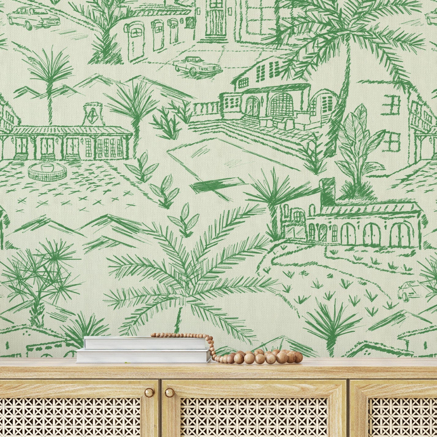 Paperweave paper weave printed modern toile design featuring a 2 color print with Spanish style houses, variety of palm trees and tropical and desert inspired plants, massive pools, vintage cars and fountains with mountains in the background.