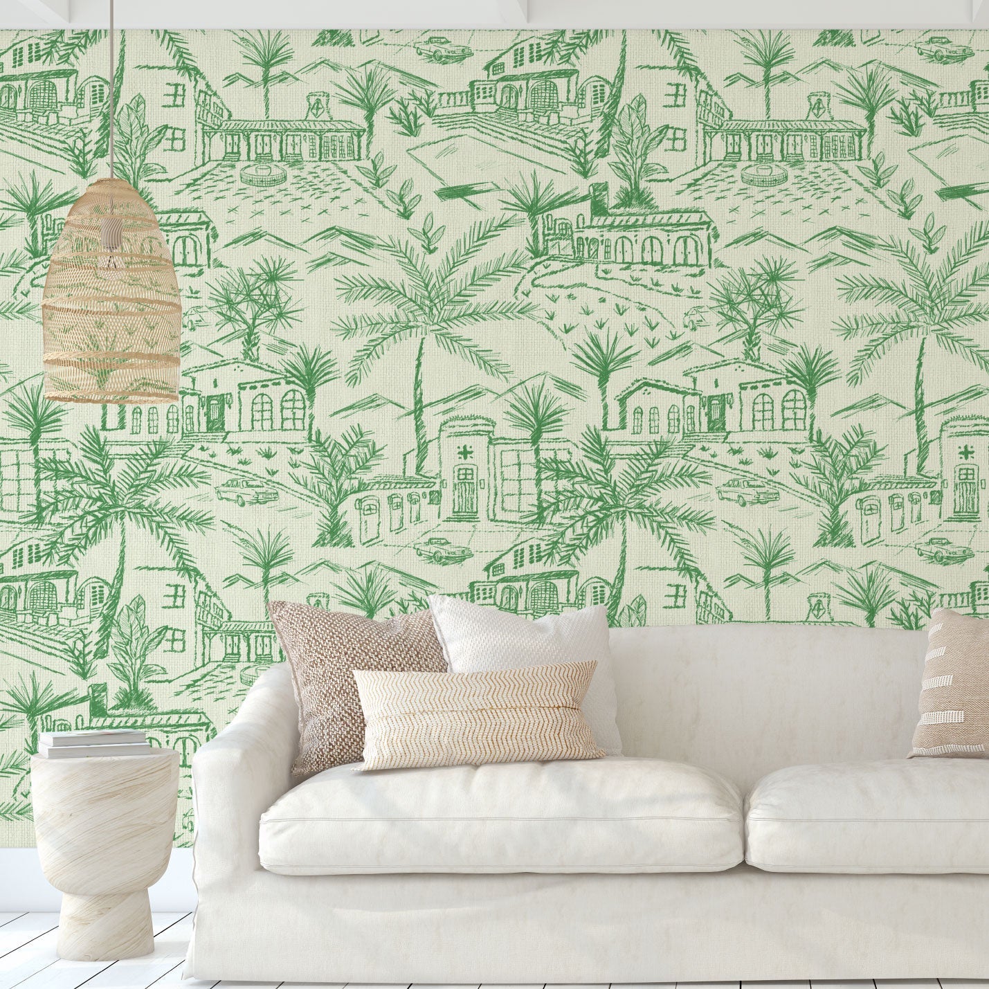 Paperweave paper weave printed modern toile design featuring a 2 color print with Spanish style houses, variety of palm trees and tropical and desert inspired plants, massive pools, vintage cars and fountains with mountains in the background.