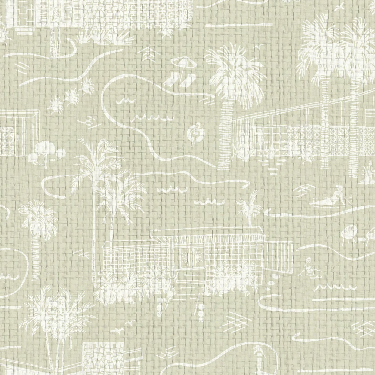wallpaper Natural Textured Eco-Friendly Non-toxic High-quality Sustainable Interior Design Bold Custom Tailor-made Retro chic Bold tropical garden palm tree vintage coastal toile Grasscloth wallpaper Natural Textured Eco-Friendly Non-toxic High-quality Sustainable Interior Design Bold Custom Tailor-made Retro chic Bold Toile de Jouy palm springs desert mid-century palm trees pool naked lady hand-drawn tan sand off-white cream neutral tonal white paperweave paper weave