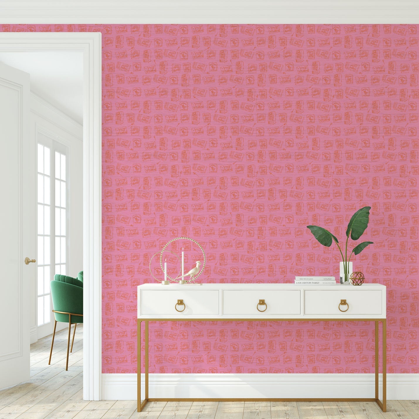 grasscloth wallpaper natural textured eco-friendly non-toxic high quality sustainable interior design modern funny bar small space matches matchbook match lounge watering hole pink red