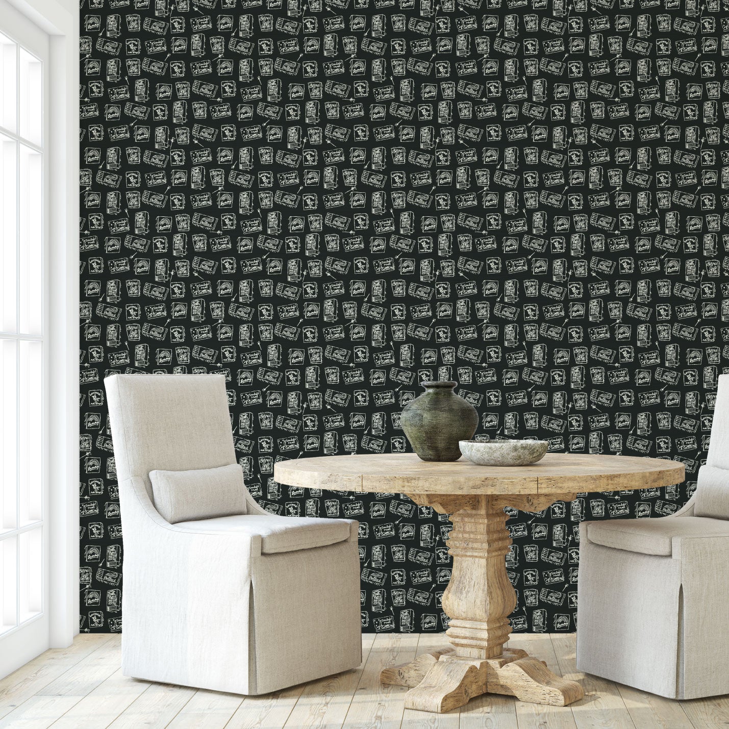 grasscloth wallpaper natural textured eco-friendly non-toxic high quality sustainable interior design modern funny bar small space matches matchbook match lounge watering hole black white