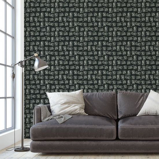 grasscloth wallpaper natural textured eco-friendly non-toxic high quality sustainable interior design modern funny bar small space matches matchbook match lounge watering hole black white