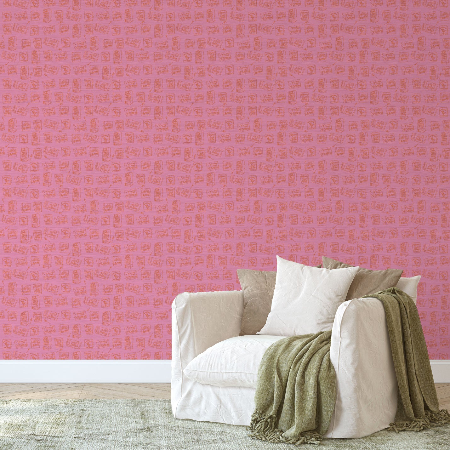 grasscloth wallpaper natural textured eco-friendly non-toxic high quality sustainable interior design modern funny bar small space matches matchbook match lounge watering hole pink red living room