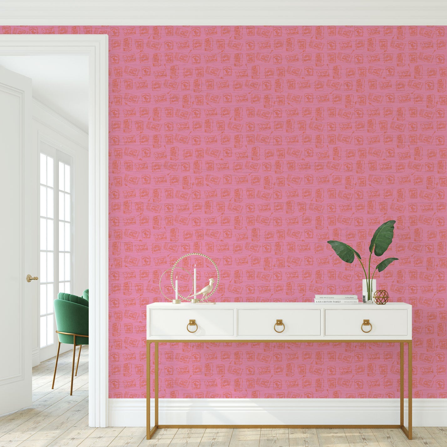 grasscloth wallpaper natural textured eco-friendly non-toxic high quality sustainable interior design modern funny bar small space matches matchbook match lounge watering hole pink red foyer entrance
