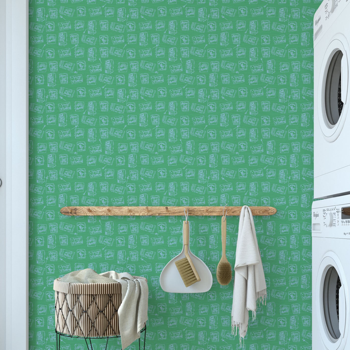 grasscloth wallpaper natural textured eco-friendly non-toxic high quality sustainable interior design modern funny bar small space matches matchbook match lounge watering hole green bright green light blue laundry room mud room entrance closet