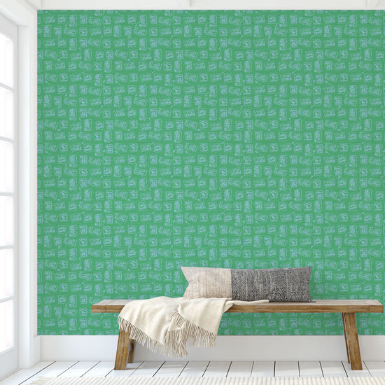 grasscloth wallpaper natural textured eco-friendly non-toxic high quality sustainable interior design modern funny bar small space matches matchbook match lounge watering hole green bright green light blue foyer entrance hallway bench