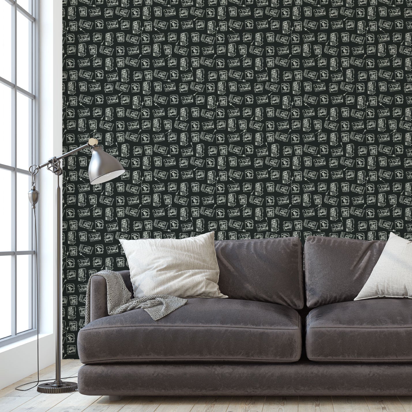 grasscloth wallpaper natural textured eco-friendly non-toxic high quality sustainable interior design modern funny bar small space matches matchbook match lounge watering hole black white living room lounge sitting room