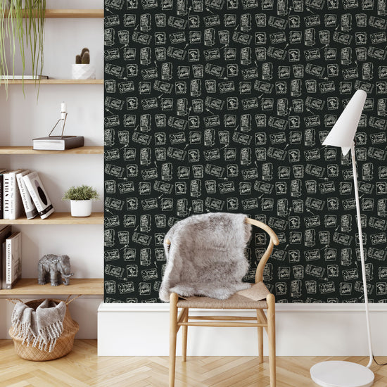 paper weave wallpaper natural textured eco-friendly non-toxic high quality sustainable interior design modern funny bar small space matches matchbook match lounge watering hole black white