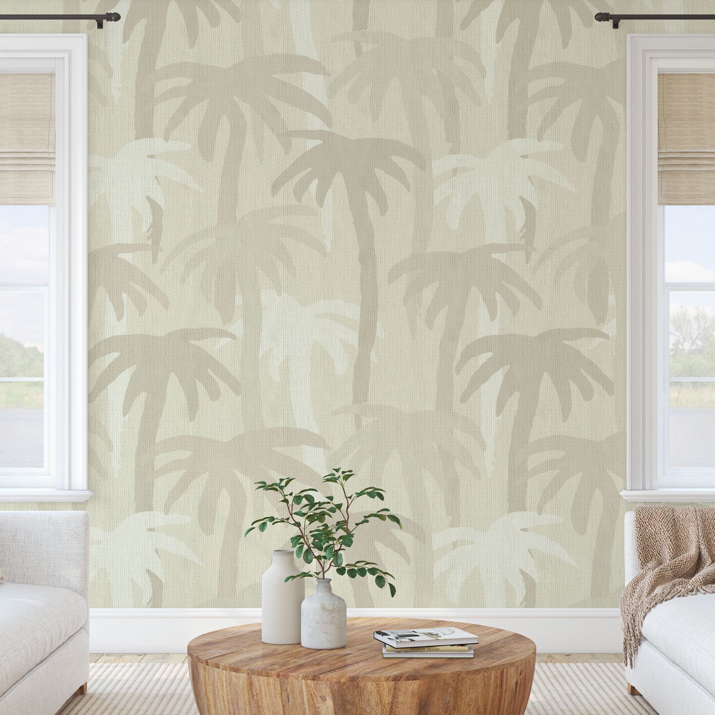 wallpaper Natural Textured Eco-Friendly Non-toxic High-quality Sustainable Interior Design Bold Custom Tailor-made Retro chic Bold Tropical Jungle Coastal Garden Seaside Coastal Seashore Waterfront Vacation home styling Retreat Relaxed beach vibes Beach cottage Shoreline Oceanfront palm tree '90s surf graphic neutral tonal white cream off-white sand tan beige paperweave paper weave