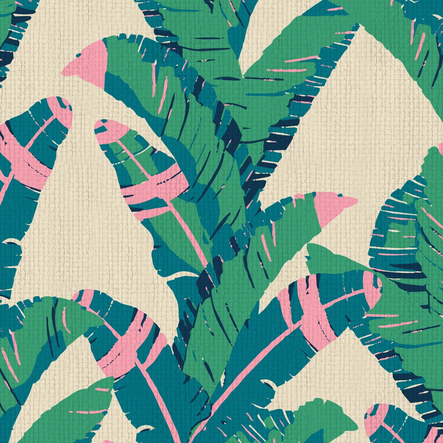 printed paper weave wallpaper oversized leafs vertical stripe bananas Grasscloth Natural Textured Eco-Friendly Non-toxic High-quality Sustainable practices Sustainability Interior Design Wall covering Bold Wallpaper Custom Tailor-made Retro chic Tropical jungle garden botanical vacation beach kid palm tree leaf oversized green cream neon pink