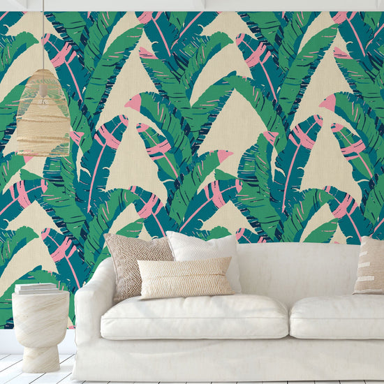 printed paper weave wallpaper oversized leafs vertical stripe bananas Grasscloth Natural Textured Eco-Friendly Non-toxic High-quality Sustainable practices Sustainability Interior Design Wall covering Bold Wallpaper Custom Tailor-made Retro chic Tropical jungle garden botanical vacation beach kid palm tree leaf oversized green cream neon pink