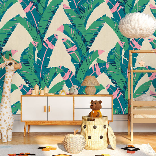 printed paper weave wallpaper oversized leafs vertical stripe bananas Grasscloth Natural Textured Eco-Friendly Non-toxic High-quality Sustainable practices Sustainability Interior Design Wall covering Bold Wallpaper Custom Tailor-made Retro chic Tropical jungle garden botanical vacation beach kid palm tree leaf oversized green cream neon pink