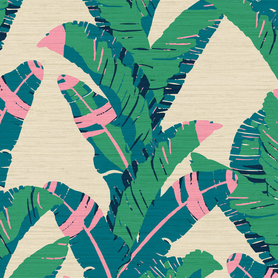 printed grasscloth wallpaper oversized leafs vertical stripe bananas Grasscloth Natural Textured Eco-Friendly Non-toxic High-quality Sustainable practices Sustainability Interior Design Wall covering Bold Wallpaper Custom Tailor-made Retro chic Tropical jungle garden botanical vacation beach kid palm tree leaf oversized green cream neon pink