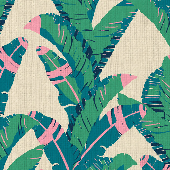 printed paper weave wallpaper oversized leafs vertical stripe bananas Grasscloth Natural Textured Eco-Friendly Non-toxic High-quality Sustainable practices Sustainability Interior Design Wall covering Bold Wallpaper Custom Tailor-made Retro chic Tropical jungle garden botanical vacation beach kid palm tree leaf oversized green cream neon pink
