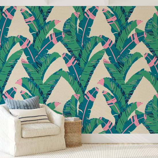 printed grasscloth wallpaper oversized leafs vertical stripe bananas Grasscloth Natural Textured Eco-Friendly Non-toxic High-quality Sustainable practices Sustainability Interior Design Wall covering Bold Wallpaper Custom Tailor-made Retro chic Tropical jungle garden botanical vacation beach kid palm tree leaf oversized green cream neon pink