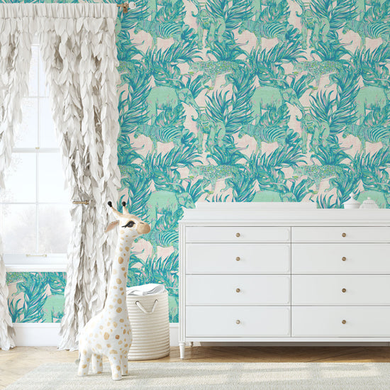 Grasscloth wallpaper Natural Textured Eco-Friendly Non-toxic High-quality Sustainable Interior Design Bold Custom Tropical Jungle Coastal Garden palm leaf tree zoo safari elephant zebra cheetah gorilla water color oversized kids playroom nursery teal green pastel neon pink