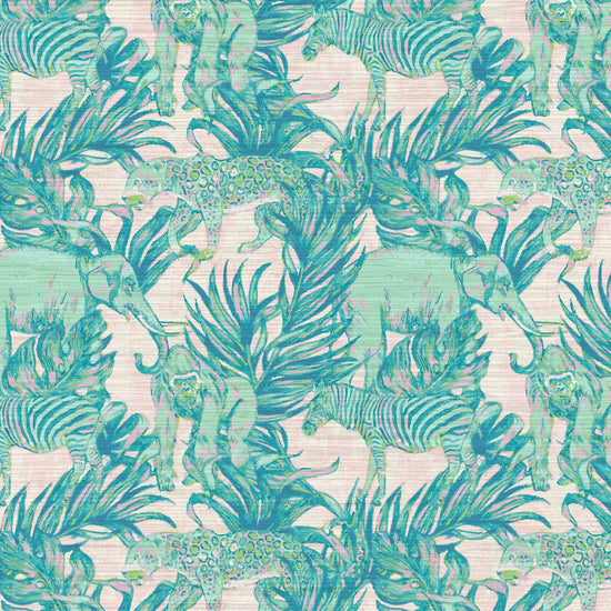 Grasscloth wallpaper Natural Textured Eco-Friendly Non-toxic High-quality Sustainable Interior Design Bold Custom Tropical Jungle Coastal Garden palm leaf tree zoo safari elephant zebra cheetah gorilla water color oversized kids playroom nursery teal green pastel neon pink