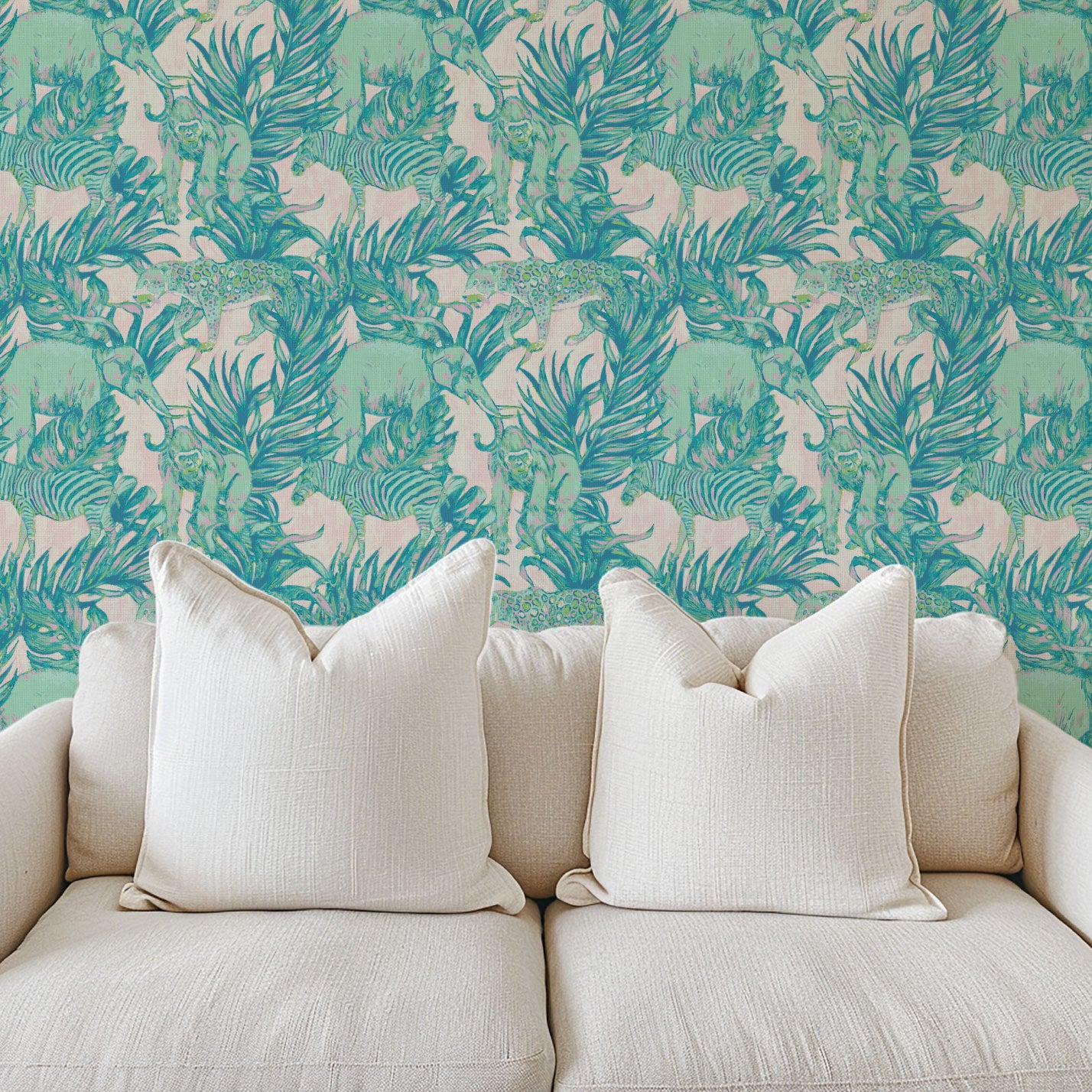 rasscloth wallpaper Natural Textured Eco-Friendly Non-toxic High-quality Sustainable Interior Design Bold Custom Tropical Jungle Coastal Garden palm leaf tree zoo safari elephant zebra cheetah gorilla water color oversized kids playroom nursery teal green pastel neon pink paper weave paperweave