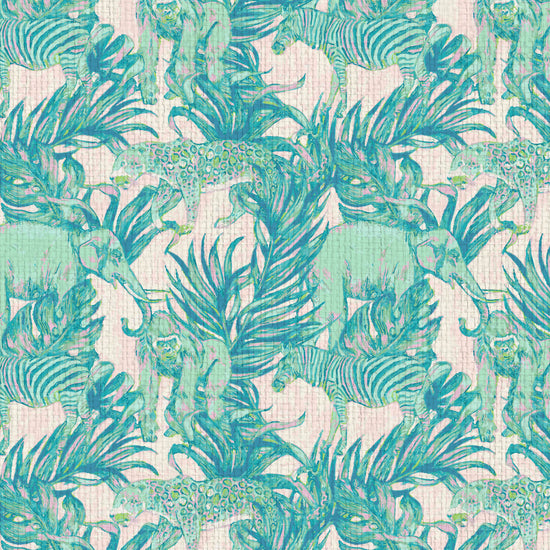 paper weave basketweave wallpaper Natural Textured Eco-Friendly Non-toxic High-quality Sustainable Interior Design Bold Custom Tropical Jungle Coastal Garden palm leaf tree zoo safari elephant zebra cheetah gorilla water color oversized kids playroom nursery teal green pastel neon pink paper weave paperweave