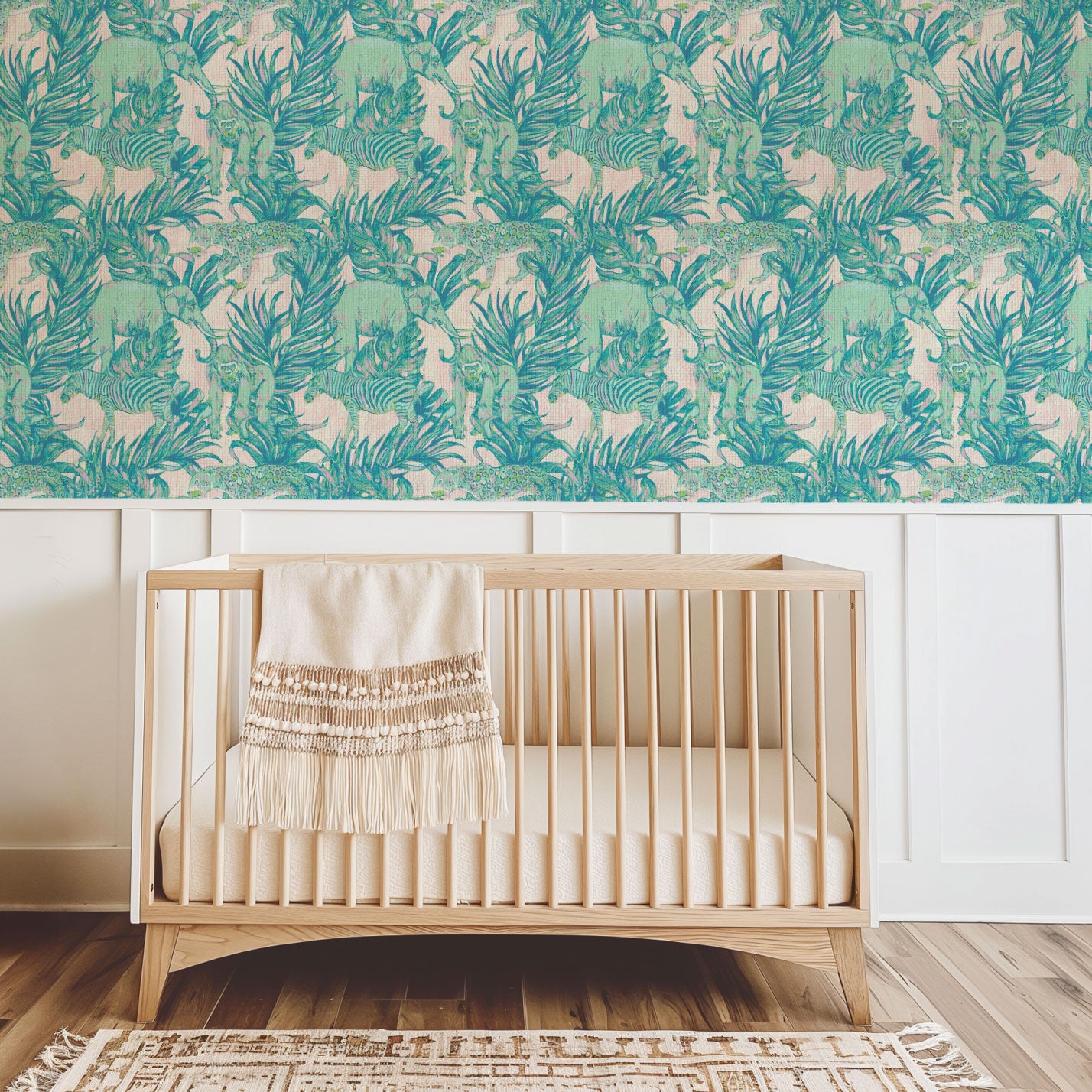 rasscloth wallpaper Natural Textured Eco-Friendly Non-toxic High-quality Sustainable Interior Design Bold Custom Tropical Jungle Coastal Garden palm leaf tree zoo safari elephant zebra cheetah gorilla water color oversized kids playroom nursery teal green pastel neon pink paper weave paperweave