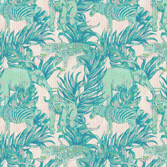 rasscloth wallpaper Natural Textured Eco-Friendly Non-toxic High-quality Sustainable Interior Design Bold Custom Tropical Jungle Coastal Garden palm leaf tree zoo safari elephant zebra cheetah gorilla water color oversized kids playroom nursery teal green pastel neon pink paper weave paperweave