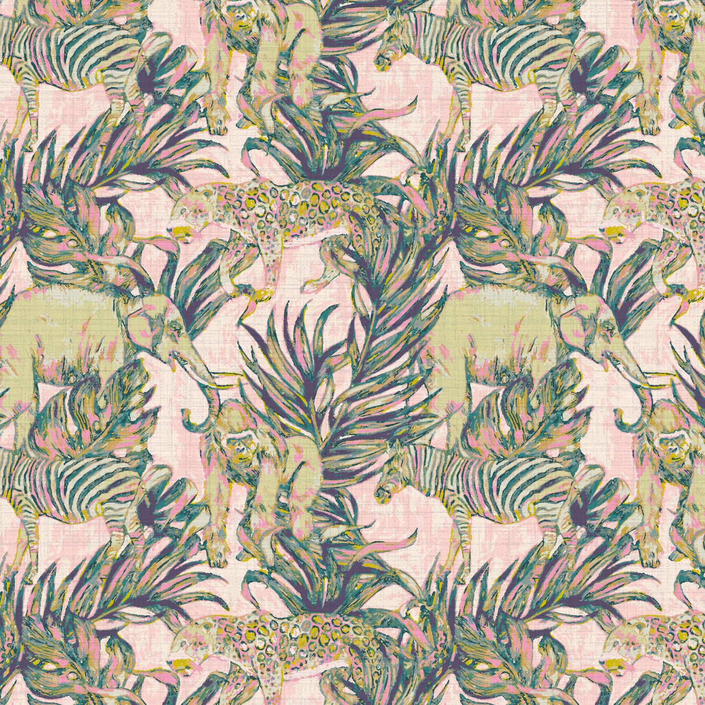 Mini Zoo Gang Safari Animals Textured Performance Vinyl Wallpaper in Jungle Boogie Olive & Pink