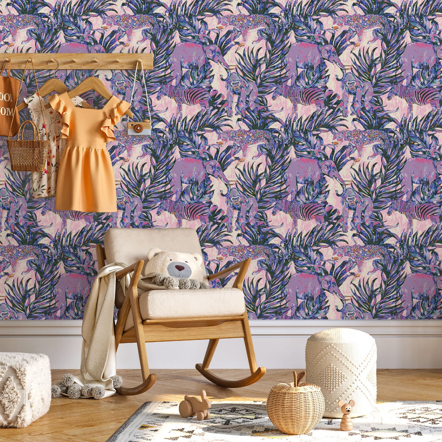 Grasscloth wallpaper Natural Textured Eco-Friendly Non-toxic High-quality Sustainable Interior Design Bold Custom Tropical Jungle Coastal Garden palm leaf tree zoo safari elephant zebra cheetah gorilla water color oversized kids playroom nursery purple lavender paper weave paperweave