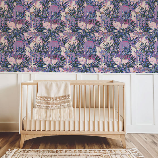 Grasscloth wallpaper Natural Textured Eco-Friendly Non-toxic High-quality Sustainable Interior Design Bold Custom Tropical Jungle Coastal Garden palm leaf tree zoo safari elephant zebra cheetah gorilla water color oversized kids playroom nursery purple lavender paper weave paperweave